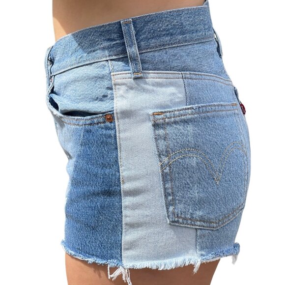 Levis 501 Patchwork Button Fly Jean Shorts Womens Size 28 Blue Western Cowgirl - Picture 3 of 14